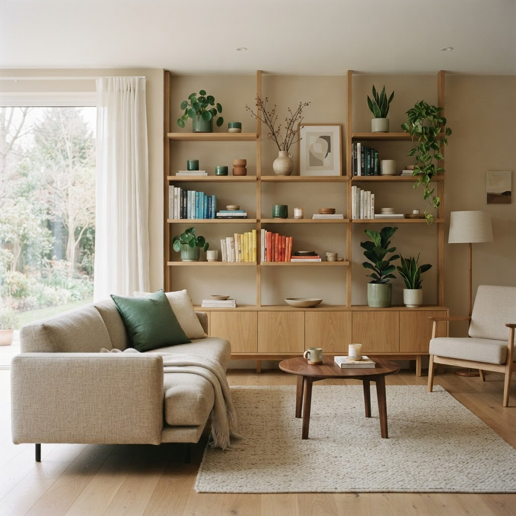 A tidy, minimalist living space with organized shelves and plants