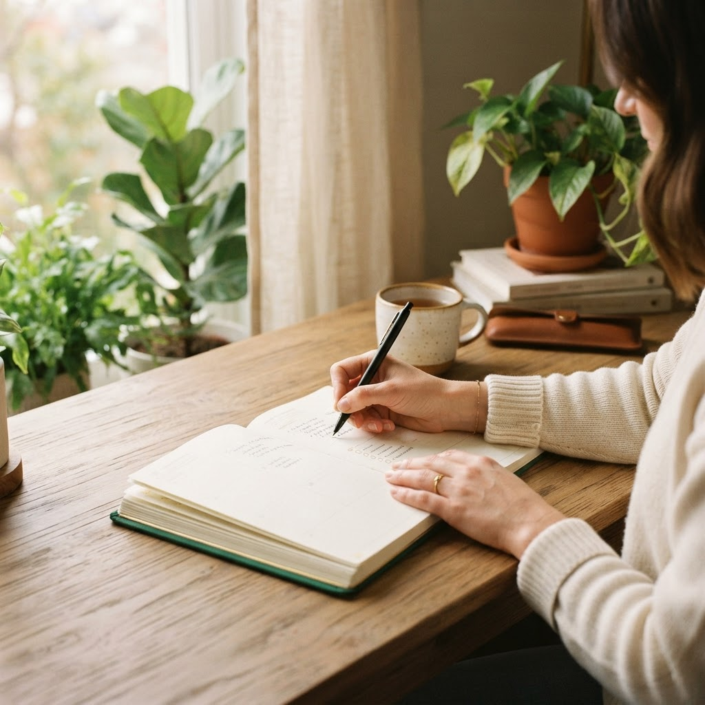 Hands writing in a planner beside a sunlit window