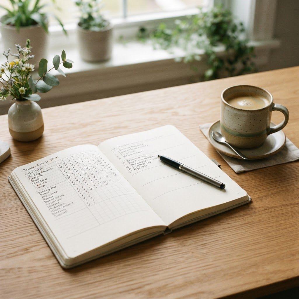 A habit tracker journal with checkmarks beside a cup of coffee