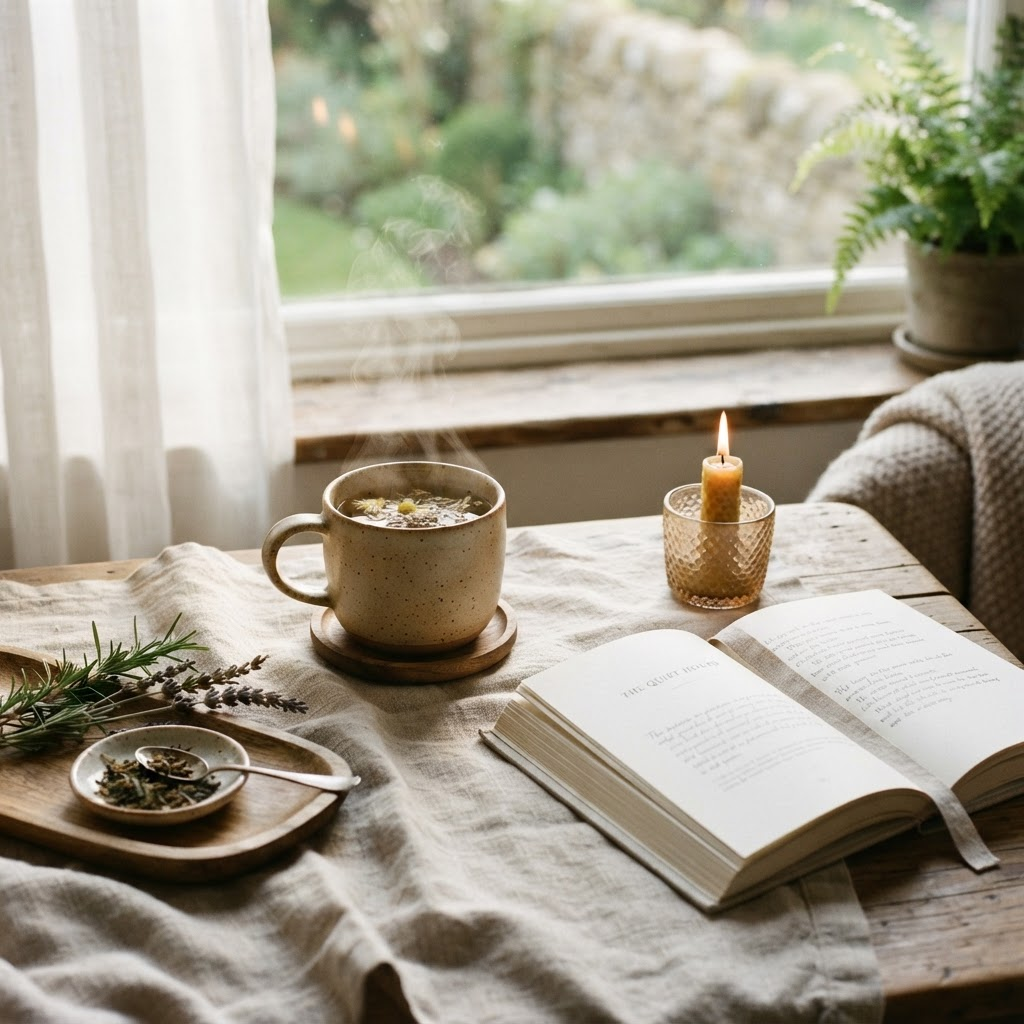 A cup of herbal tea beside an open book and a candle