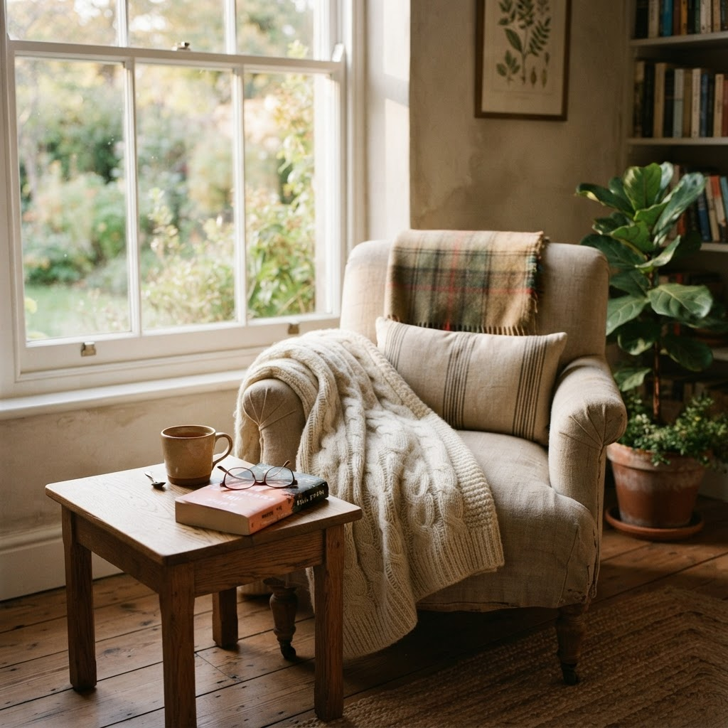 A cozy reading nook with a soft blanket, a cup of tea, and an open book