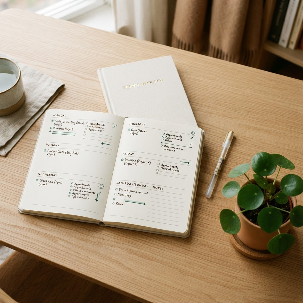 A weekly planner, a pen, and a small potted plant on a wooden desk
